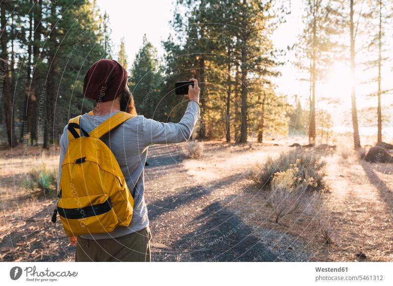 USA, Nordkalifornien, junger Mann macht ein Selfie in einem Wald in der Nähe des Lassen Volcanic National Park Selfies Forst Wälder Männer männlich Erwachsener