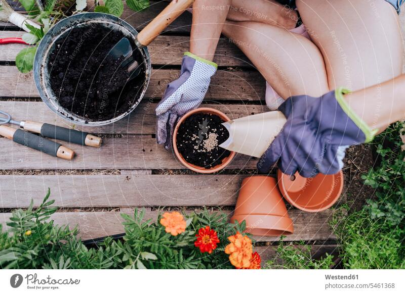 Mittlere erwachsene Frau pflanzt Samen in Blumentopf, während sie im Gemüsegarten sitzt Farbaufnahme Farbe Farbfoto Farbphoto Spanien Außenaufnahme außen