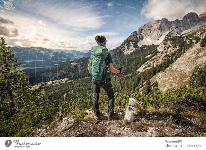 Frau wandert am Wilden Kaiser und genießt die Aussicht, Kaisergebirge, Tirol, Österreich Tiere Tierwelt Haustiere Hunde Rucksäcke Wanderung stehend steht frei