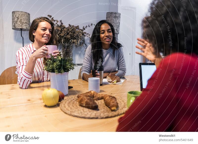 Drei Frauen mit Laptop im Gespräch am Tisch Notebook Laptops Notebooks Freundinnen Tische sprechen reden weiblich Computer Rechner Freunde Freundschaft