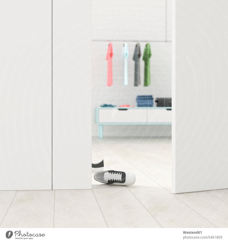 Garderobe hinter einer angelehnten Tür, 3D-Rendering dreidimensional 3-D 3-d Abwesenheit menschenleer abwesend Individualität Individuell Blick blicken Blicke