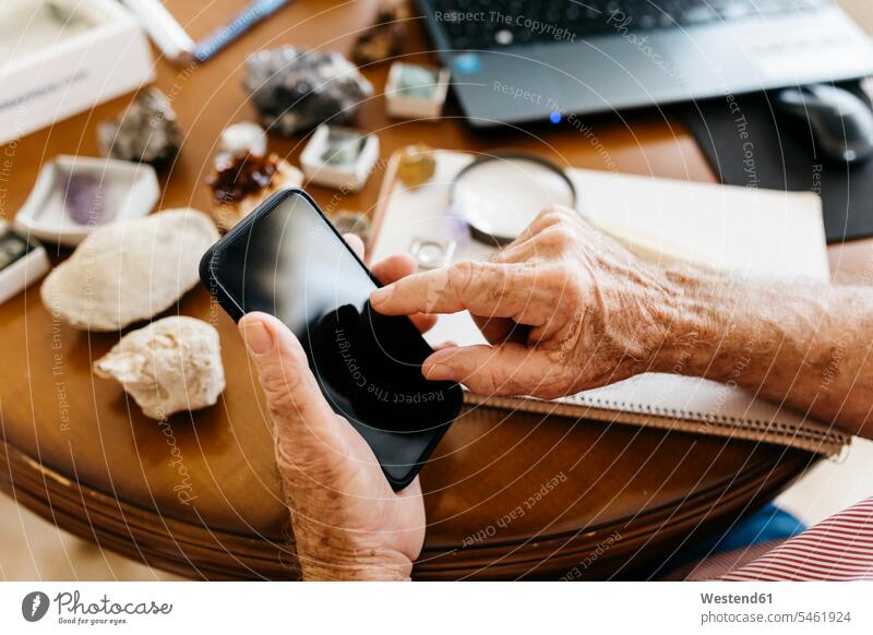 Hände eines älteren Rentners im Ruhestand, der ein Smartphone benutzt, während er zu Hause über Fossilien und Mineralien forscht Farbaufnahme Farbe Farbfoto