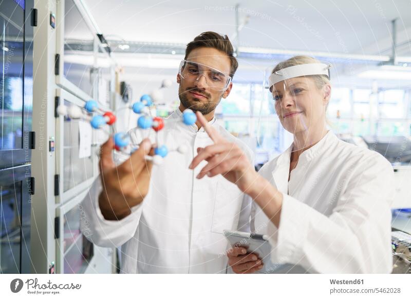 Lächelnde Wissenschaftlerin berührt Molekularstruktur, die von jungem männlichen Kollegen im Labor gehalten wird Farbaufnahme Farbe Farbfoto Farbphoto