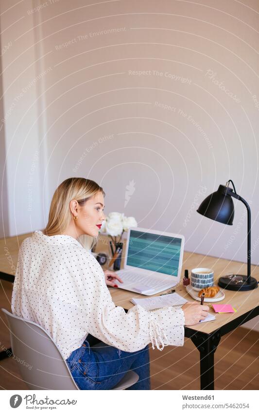 Blonde Geschäftsfrau am Schreibtisch sitzend, arbeitend Büro Office Büros sitzt Arbeit blond blonde Haare blondes Haar Geschäftsfrauen Businesswomen