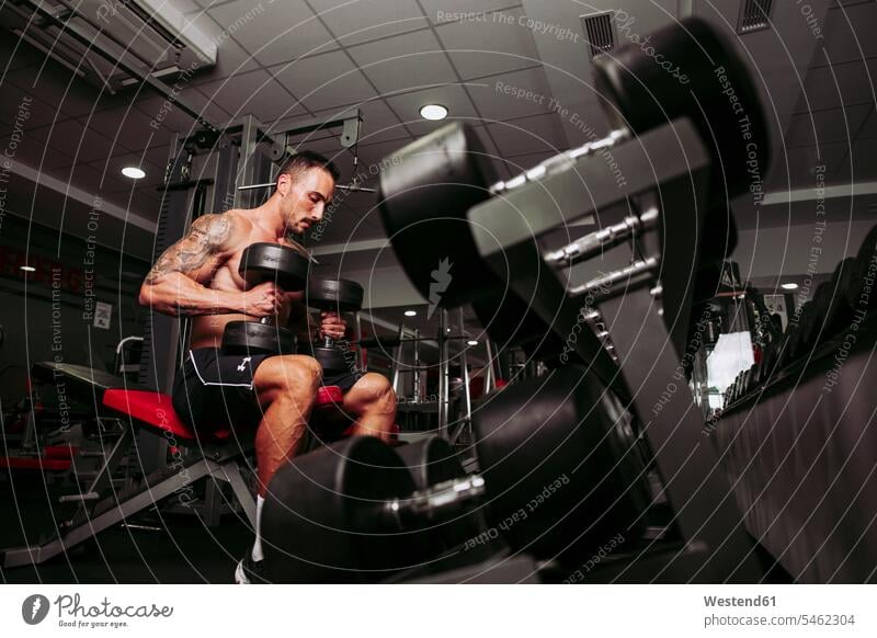 Training muskulöser Männer im Fitnessstudio sitzend sitzt fit gesund Gesundheit Leistungen kräftig stark Stärke Lifestyles Anreiz Ansporn Antrieb motivieren