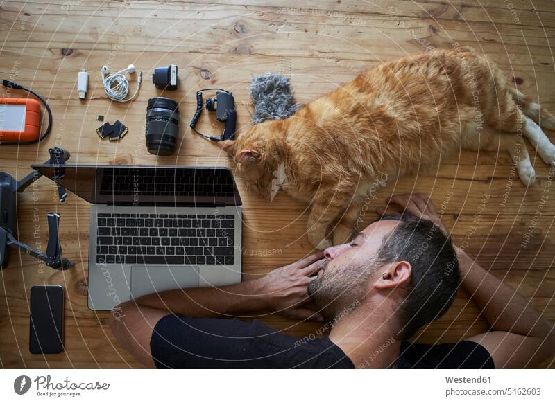 Erschöpfter Mann schläft auf dem Tisch mit Ingwer-Katze, Laptop und Fotoausrüstung Job Berufe Berufstätigkeit Beschäftigung Jobs Fotografen Photograph