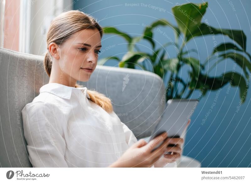 Junge Frau sitzt auf der Couch und benutzt ein digitales Tablet benutzen benützen Freizeitkleidung casual Freizeitbekleidung Grünpflanze Grünpflanzen