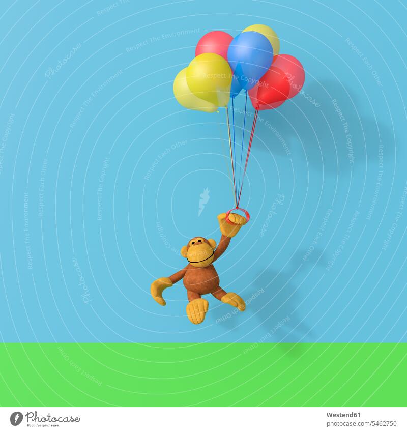 3D-Rendering, Affe fliegt auf einem Haufen Ballons Idee Ideen Eingebung Niemand Spaß Spass Späße spassig Spässe spaßig schweben schwebend ein Tier 1