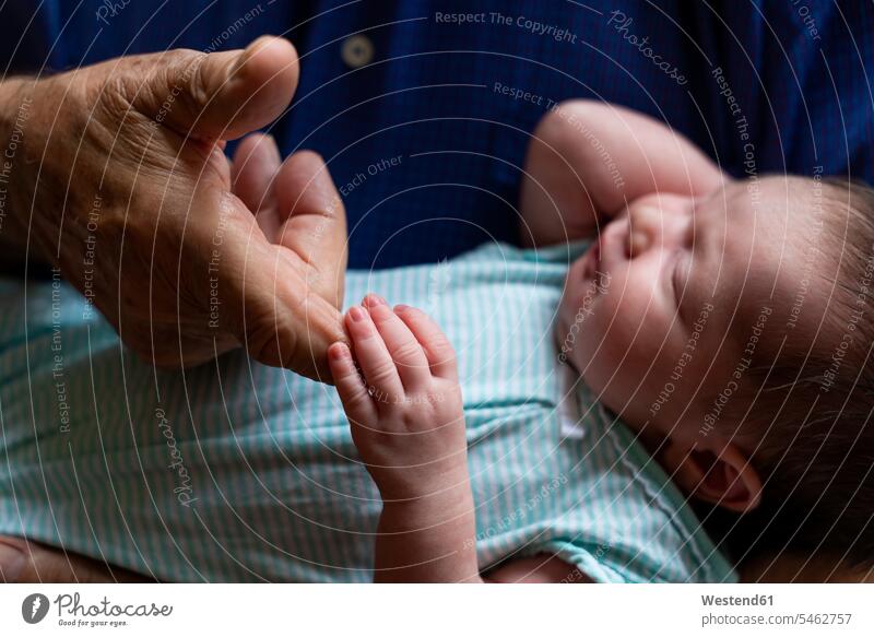 Schlafende Neugeborene halten Großvaters Finger Generation anfassen Berührung entspannen relaxen schlafend entspanntheit relaxt behüten behütet geborgen