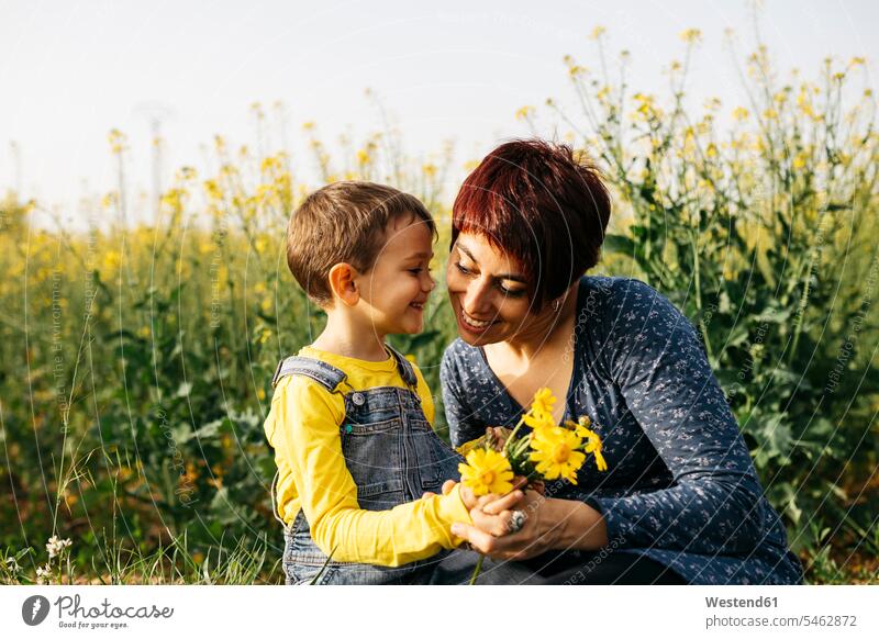 Mutter und kleiner Sohn mit gepflückten Blumen auf einem Feld Blüte gepflueckt Felder Mami Mutti Mütter Mama Söhne Eltern Familie Familien Mensch Menschen Leute