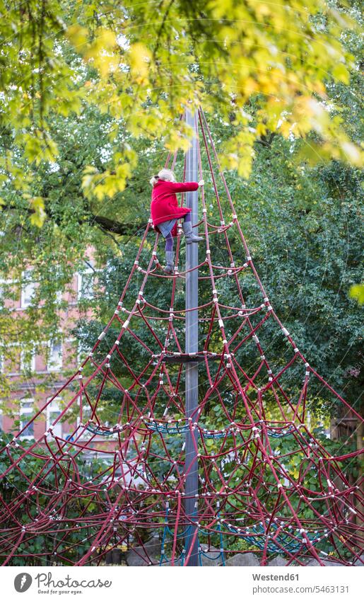 Kleines Mädchen klettert im Herbst auf Dschungelturnhalle klettern steigen weiblich Klettergerüst Klettergerüste Kind Kinder Kids Mensch Menschen Leute People