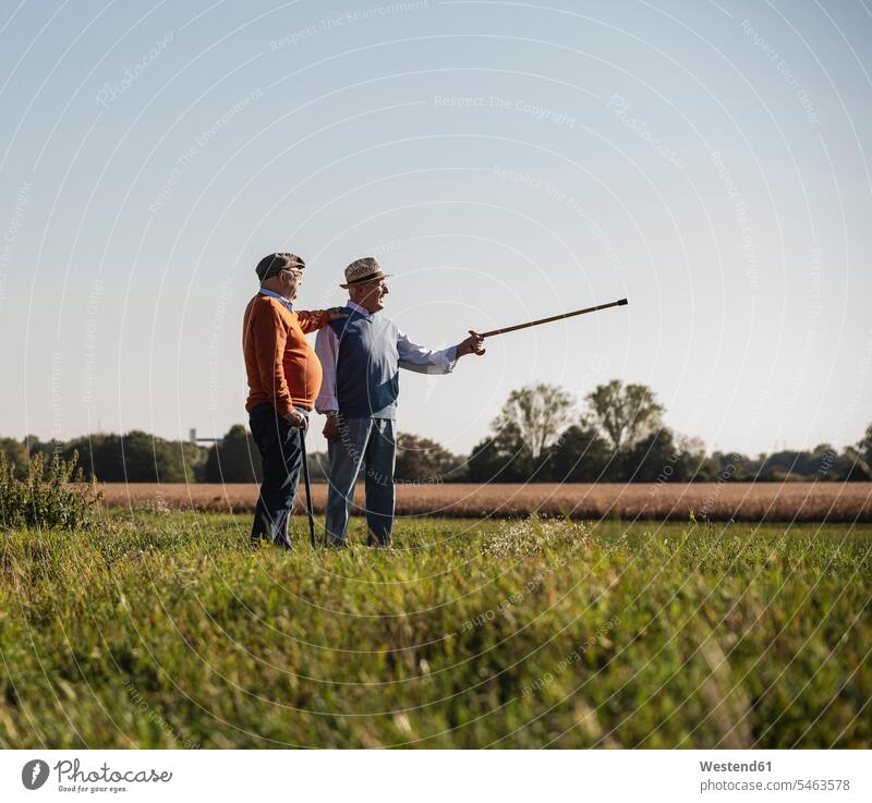 Zwei alte Freunde stehen auf den Feldern und zeigen mit dem Spazierstock Spaziergang beobachten zuschauen ansehen Beste Freunde Bester Freund Gehstock