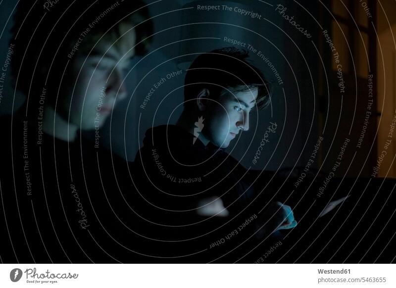 Zwei Teenager, die zu Hause im Dunkeln mit Technik umgehen Freunde Student starren sitzen Nacht dunkel Zuhause Gemeinsam Internet Konzentration Lifestyle Online