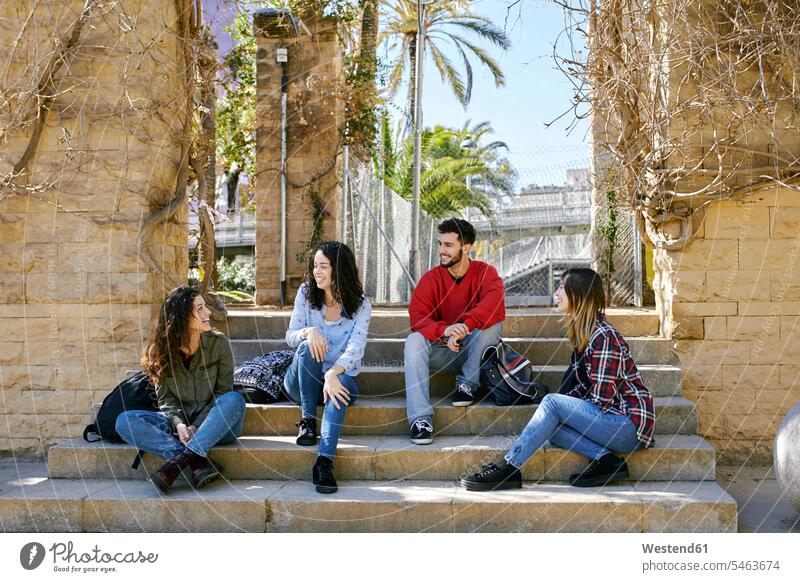 Vier glückliche Freunde sitzen auf einer Treppe im Freien und unterhalten sich sprechen reden Gruppe Gruppe von Menschen Menschengruppe sitzend sitzt Glück