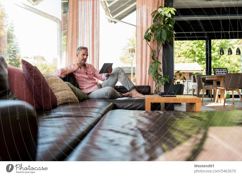 Reifer Mann sitzt zu Hause auf der Couch und benutzt eine Tablette Männer männlich Tablet Computer Tablet-PC Tablet PC iPad Tablet-Computer Sofa Couches Liege
