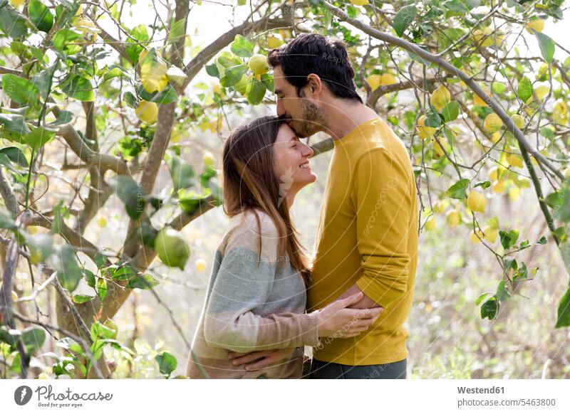 Liebender Mann küsst auf die Stirn seiner Freundin, während er auf dem Bauernhof am Zitronenbaum steht Farbaufnahme Farbe Farbfoto Farbphoto Spanien