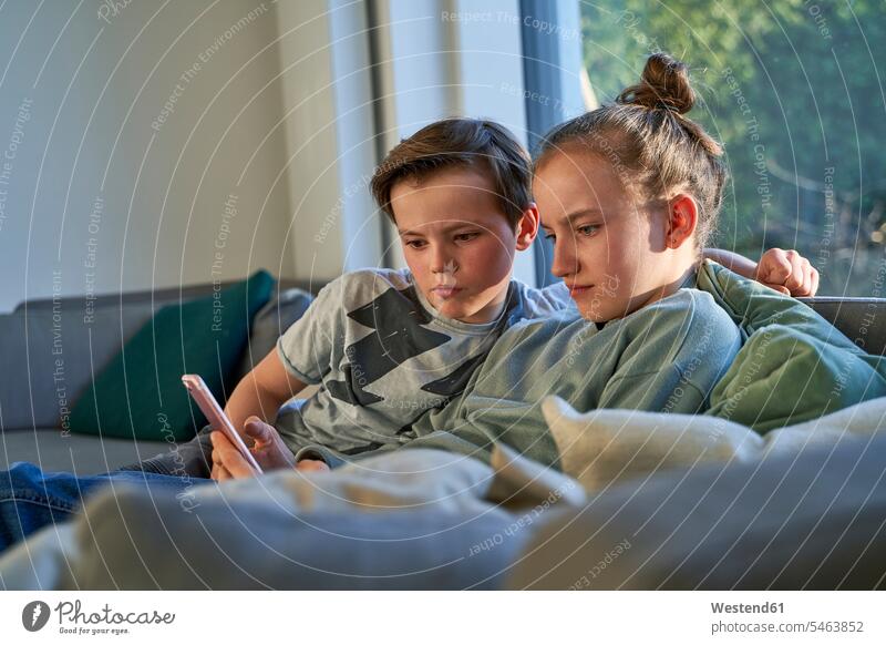 Bruder und Schwester sitzen zu Hause auf der Couch und benutzen ein Smartphone Leute Menschen People Person Personen Europäisch Kaukasier kaukasisch 2