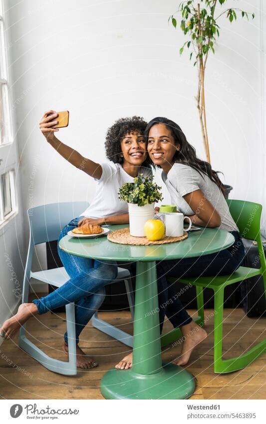 Zwei glückliche Freundinnen sitzen am Tisch und machen ein Selfie Glück glücklich sein glücklichsein Frau weiblich Frauen Selfies Gemeinsam Zusammen Miteinander