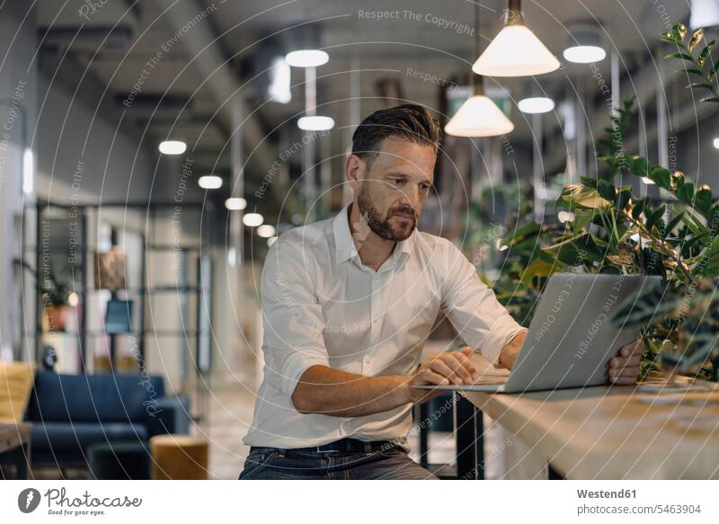 Reifer Geschäftsmann mit Laptop in moderner Büro-Lounge Job Berufe Berufstätigkeit Beschäftigung Jobs geschäftlich Geschäftsleben Geschäftswelt Geschäftsperson