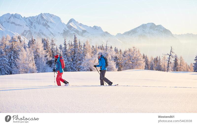 Österreich, Tirol, Paar Schneeschuhwandern Schneeschuh-Laufen Schneeschuh laufen Schneeschuhlaufen Naturtourismus gehen gehend geht Aussicht bewundern