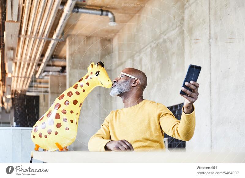 Älterer Geschäftsmann sitzt am Schreibtisch im Büro mit Handy küssen Giraffe Figur Küsse Kuss sitzen sitzend Mobiltelefon Handies Handys Mobiltelefone