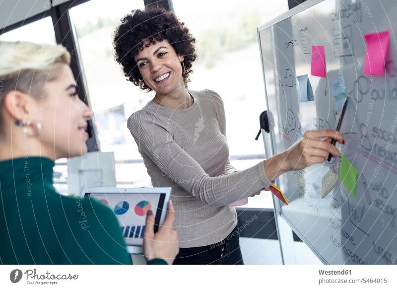 Geschäftsfrauen an einem Flipchart, präsentieren Ideen für eine Suchmaschinenoptimierung Team Beruf Geschäftskleidung arbeiten lächeln zeigen Freude glücklich