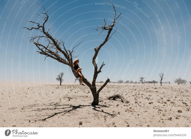 Namibia, Weg zum Sossusvlei, Frau sitzt in totem Baum in der Wüste Bäume Baeume Wüsten sitzen sitzend weiblich Frauen Landschaft Landschaften Erwachsener