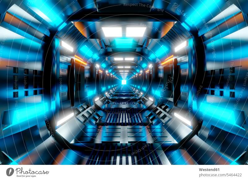 3D-gerenderte Illustration, Visualisierung eines Science-Fiction-Raumschiffs, Gangway beleuchtet Beleuchtung Raumfahrzeug Weltraumfahrzeug Weltraumfahrzeuge