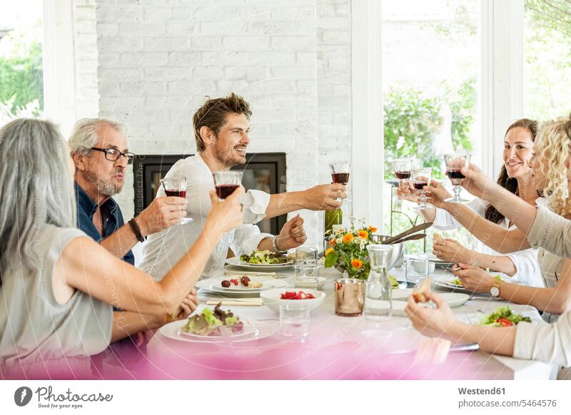 Glückliche Familie, die gemeinsam feiert und auf die Gläser anstößt Deutschland Lebensqualität Quality Time Geselligkeit gesellig Freunde Tischdekoration