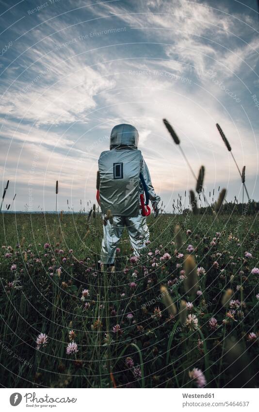 Raumfahrer, der die Natur erkundet, auf einer Wiese stehend, in den Himmel schauend erkunden Erforschung Erkundung erforschen steht Weltraumfahrer Wiesen