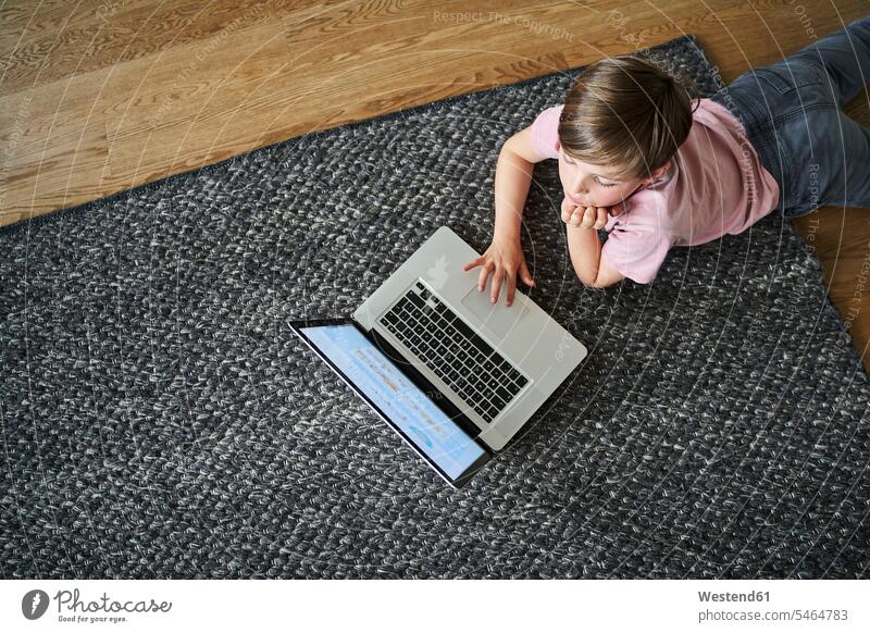 Auf dem Boden liegender Junge, der am Laptop arbeitet Rechner Laptops Notebook Notebooks Teppiche liegt daheim zu Hause konzentrieren konzentriert Anschluss