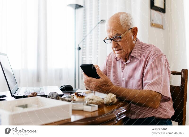 Ein älterer Mann benutzt ein Smartphone, während er zu Hause über Mineralien und Fossilien forscht Farbaufnahme Farbe Farbfoto Farbphoto Innenaufnahme