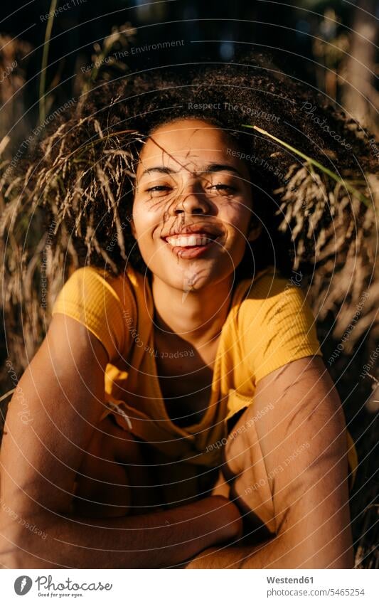 Nahaufnahme einer lächelnden jungen Frau mit Afro-Haaren, die im Wald sitzt Farbaufnahme Farbe Farbfoto Farbphoto Spanien Freizeitbeschäftigung Muße Zeit