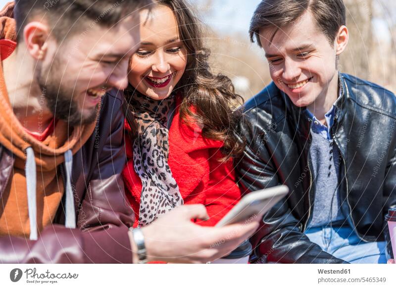 Russland, Moskau, Gruppe von Freunden im Park, gemeinsam Spaß haben, Smartphones benutzen fröhlich Fröhlichkeit Frohsinn Heiterkeit Freizeit Muße halten Spass