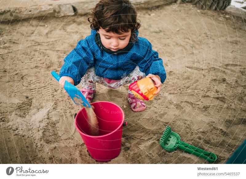 Baby Mädchen spielt mit Sand, Schaufel und Eimer Sandkasten Sandkästen Sandkiste Sandkisten Spielzeug spielen Schaufeln Unbeschwert Sorglos weibliche Babys