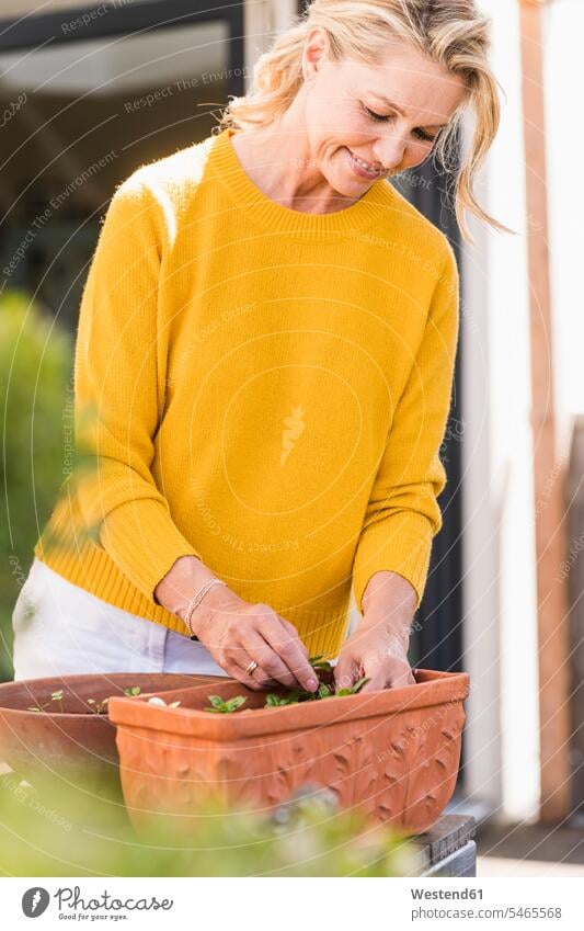 Lächelnde reife Frau beim Gärtnern auf der Terrasse entspannen relaxen freuen geniessen Genuss Glück glücklich sein glücklichsein Farben Farbtoene Farbton
