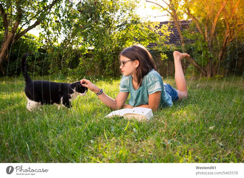 Mädchen mit Buch liegend auf einer Wiese im Garten kitzeln Katze Katzen weiblich kraulen Gärten Gaerten Wiesen Bücher Haustier Haustiere Tier Tierwelt Tiere