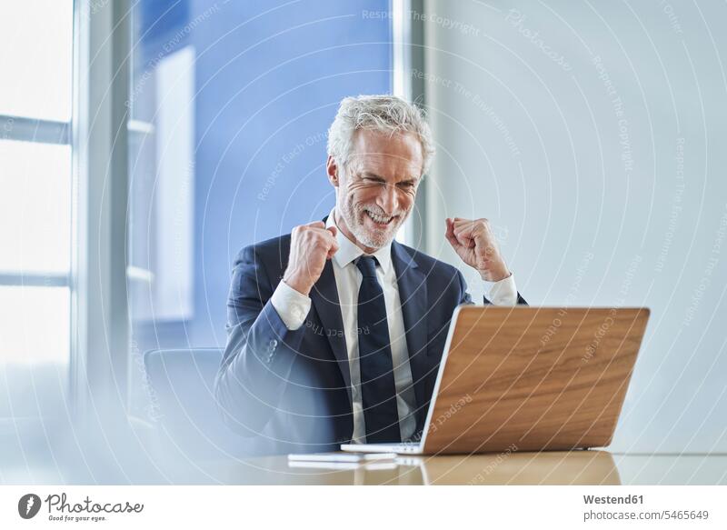 Erfolgreicher Geschäftsmann mit Laptop am Schreibtisch im Büro Job Berufe Berufstätigkeit Beschäftigung Jobs geschäftlich Geschäftsleben Geschäftswelt