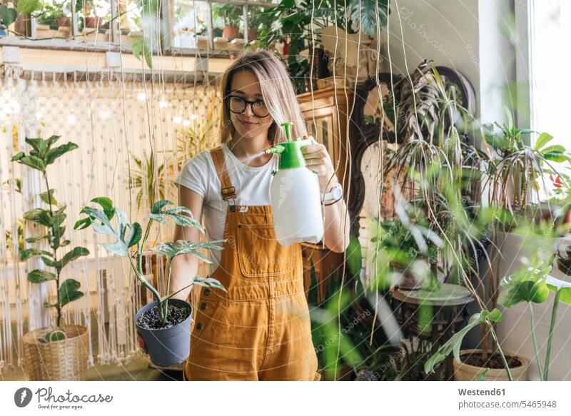 Junge Frau, die in einem kleinen Laden Pflanzen pflegt Job Berufe Berufstätigkeit Beschäftigung Jobs Blumentoepfe Blumentöpfe Brillen Arbeit leidenschaftlich