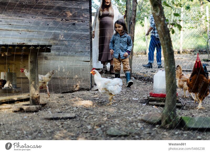 Familie in einem Hühnerstall auf einem Biohof Leute Menschen People Person Personen Europäisch Kaukasier kaukasisch Gruppe von Menschen Menschengruppe