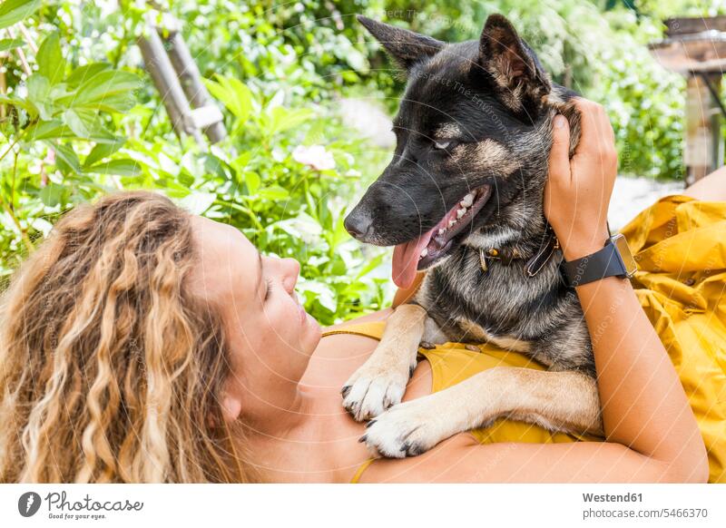 Husky-Schäferhund-Mischling und sein Frauchen, von Angesicht zu Angesicht Tiere Tierwelt Haustiere Hunde Uhren Armbanduhren knuddeln schmusen sitzend sitzt