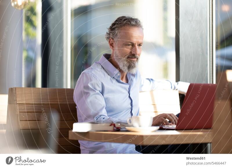 Erwachsener Mann benutzt Laptop in einem Café Job Berufe Berufstätigkeit Beschäftigung Jobs geschäftlich Geschäftsleben Geschäftswelt Geschäftsperson