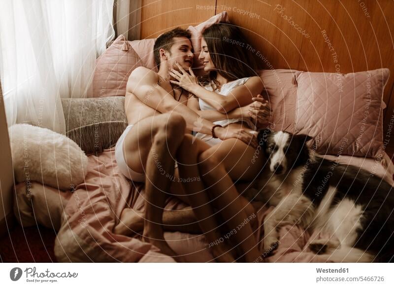 Glückliches junges Paar und Hund liegen im Bett Tiere Tierwelt Haustiere Hunde Betten anfassen Berührung knuddeln schmusen Arm umlegen Umarmung Umarmungen