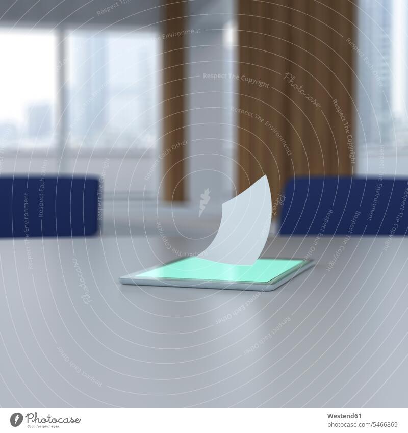 3D-Rendering, Blatt Papier schwebt über digitalem Tablett auf dem Schreibtisch Idee Ideen Eingebung futuristisch Zukunft Future Visionär Drahtlose Technologie