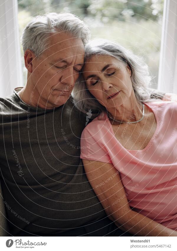 Älteres Ehepaar schläft zu Hause auf der Couch Couches Liege Sofas entspannen relaxen schlafend sitzend sitzt Arm umlegen Umarmung Umarmungen entspanntheit