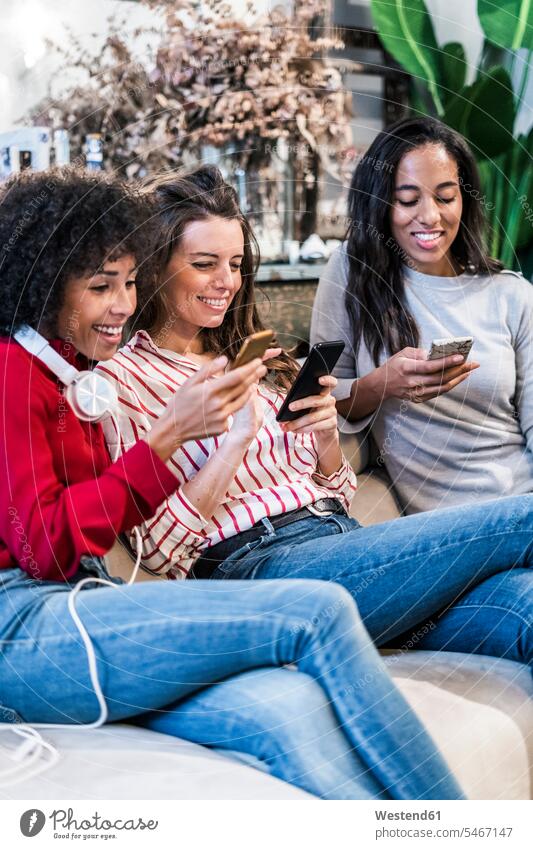 Drei lächelnde Frauen sitzen auf der Couch und benutzen Handys Mobiltelefon Handies Mobiltelefone glücklich Glück glücklich sein glücklichsein weiblich sitzend
