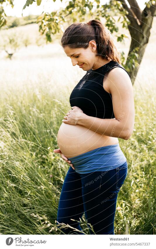 Junge schwangere Frau mit Babybauch, auf einer Wiese stehend Oberkoerper Oberkörper Torso Torsos Bäuche anfassen Berührung freuen Glück glücklich sein