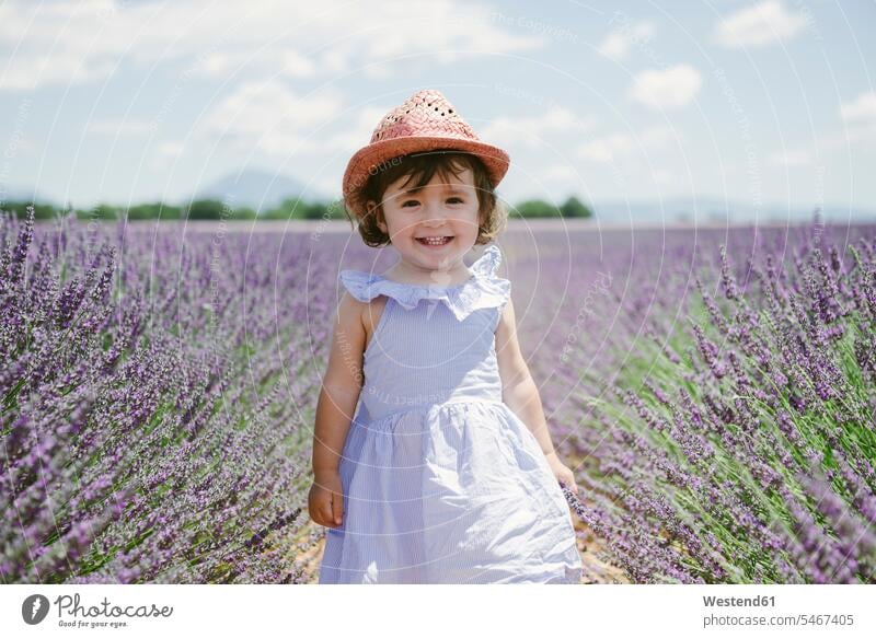 Frankreich, Provence, Hochebene von Valensole, Glückliches Kleinkind-Mädchen in lila Lavendelfeldern im Sommer Sommerzeit sommerlich Lavandula glücklich
