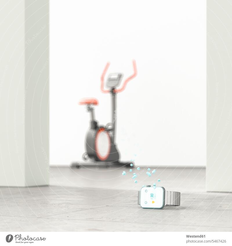 Smartwatch im Fitnessraum, 3D-Wiedergabe sportlich Trainieren Übung Üben Übungen Wearable Wearables Wearable Computer Training trainieren Freizeitsport