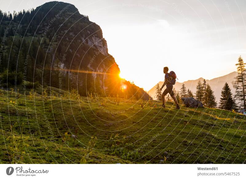Österreich, Tirol, Wanderer mit Rucksack beim Sonnenuntergang auf der Wiese Wiesen Sonnenuntergänge wandern Wanderung Rucksäcke Stimmung stimmungsvoll